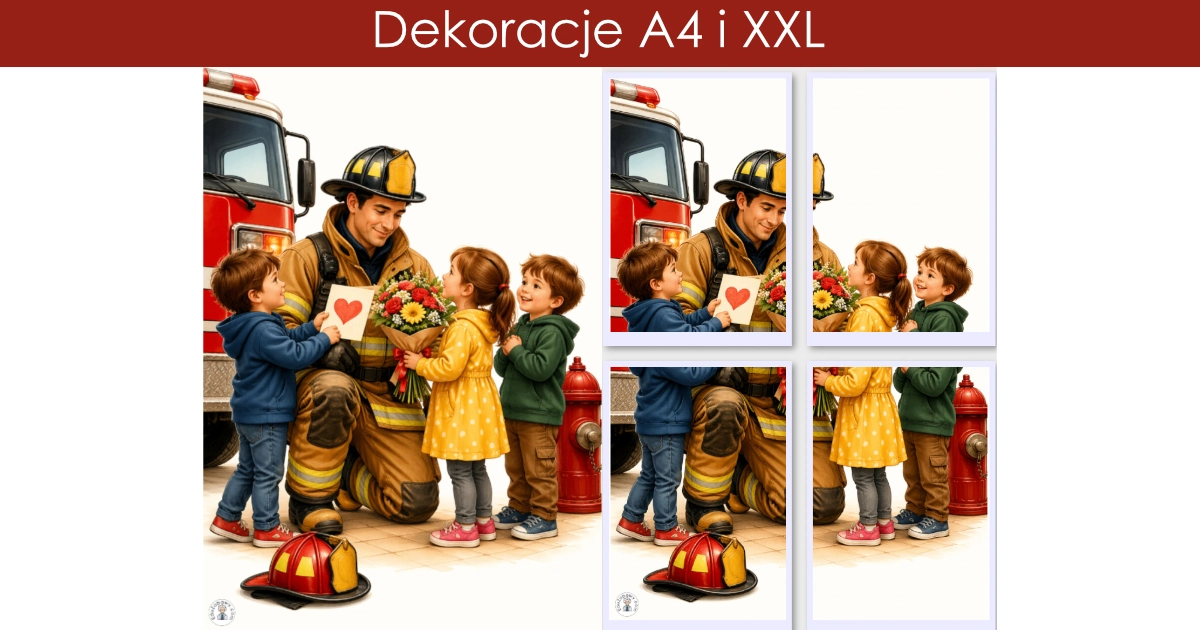 Dekoracje A4 i XXL: Dzieci dziękujące strażakowi