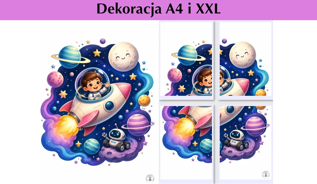 Dekoracja A4 i XXL: Dziecko w rakiecie i kosmiczna podróż