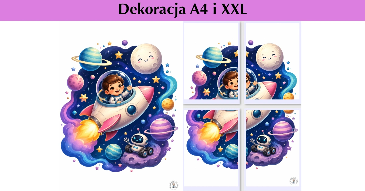 Dekoracja A4 i XXL: Dziecko w rakiecie i kosmiczna podróż 43