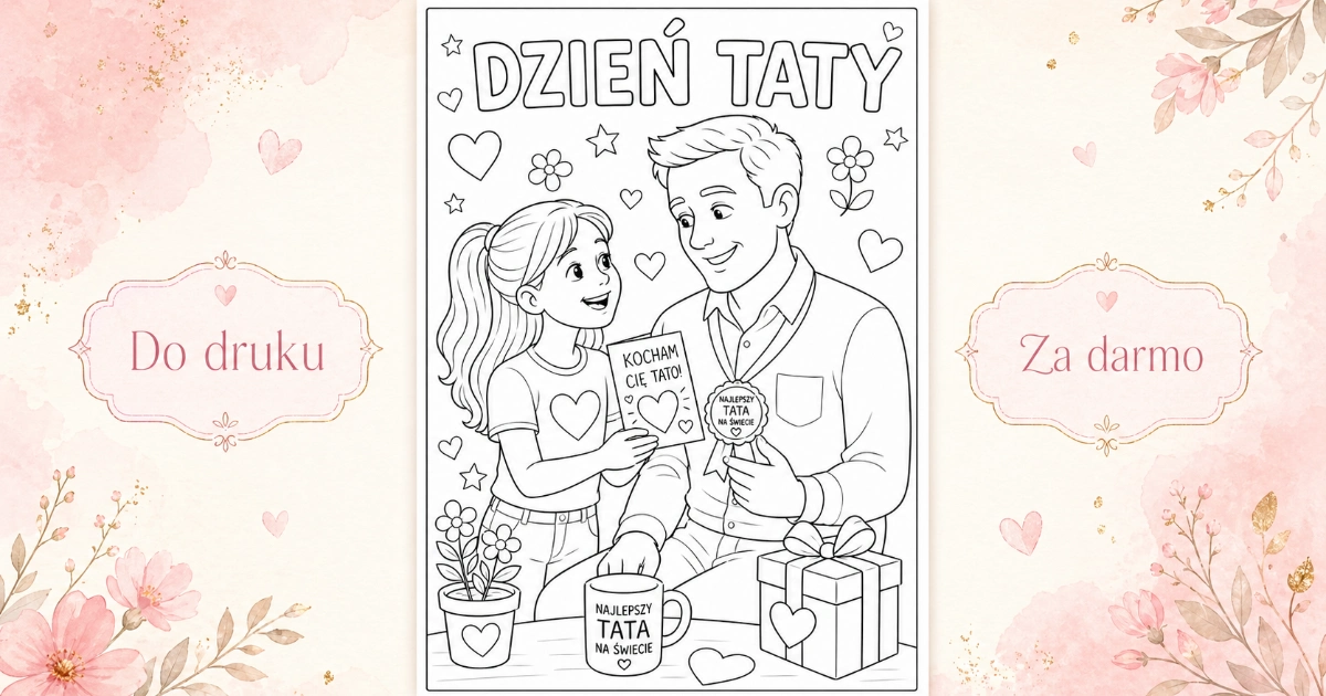 Kolorowanka: Córka wręcza laurkę tacie