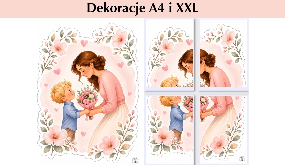 Dekoracja A4 i XXL: Mama z synkiem — wręczanie kwiatów