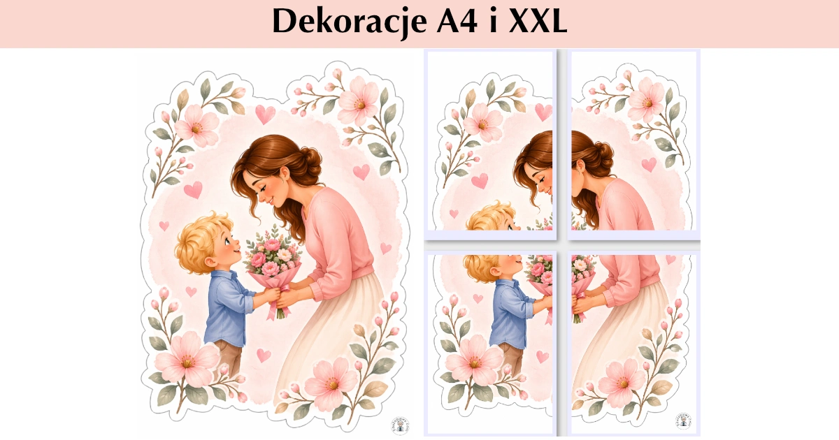 Dekoracja A4 i XXL: Mama z synkiem — wręczanie kwiatów