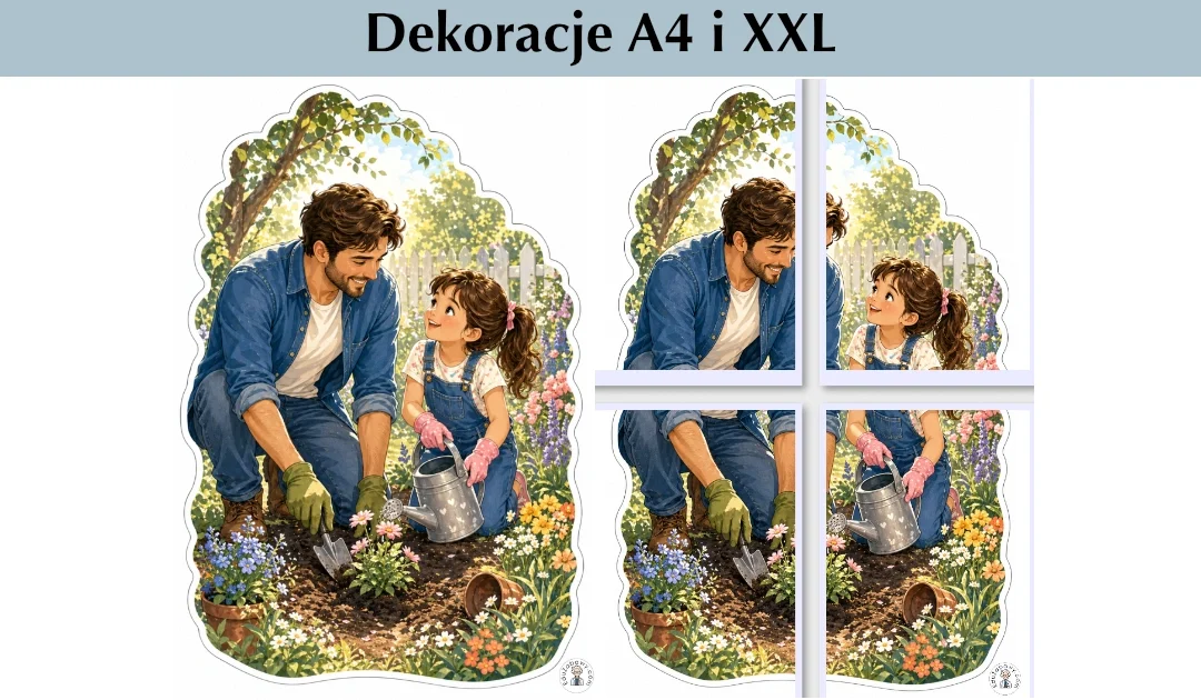 Dekoracje A4 i XXL: Tata i córeczka sadzą kwiaty
