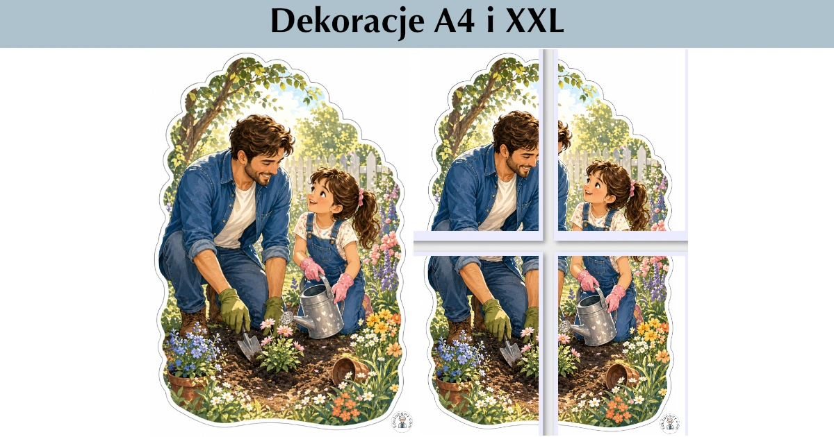 Dekoracje A4 i XXL: Tata i córeczka sadzą kwiaty