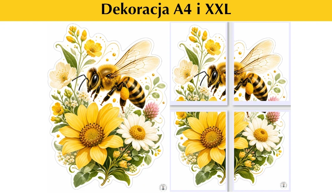 Dekoracja A4 i XXL: Duża pszczoła wśród kwiatów