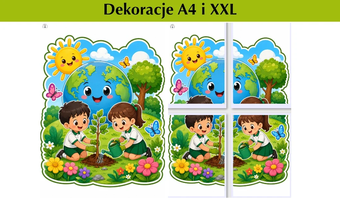Dekoracje A4 i XXL: Dzieci sadzą drzewko