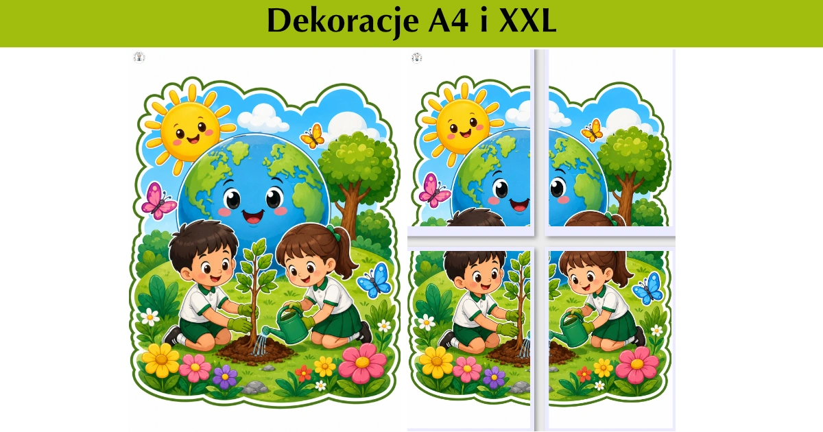 Dekoracje A4 i XXL: Dzieci sadzą drzewko