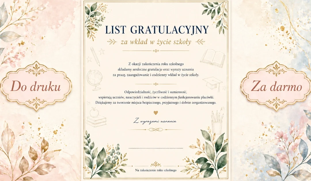 List gratulacyjny za wkład w życie szkoły