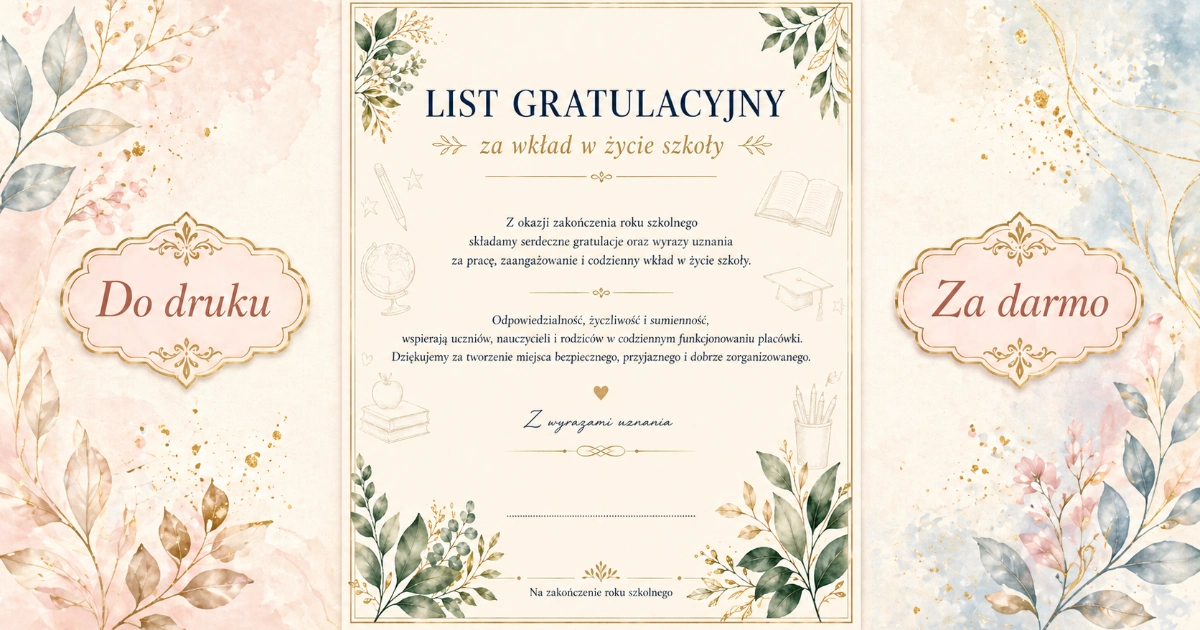 List gratulacyjny za wkład w życie szkoły