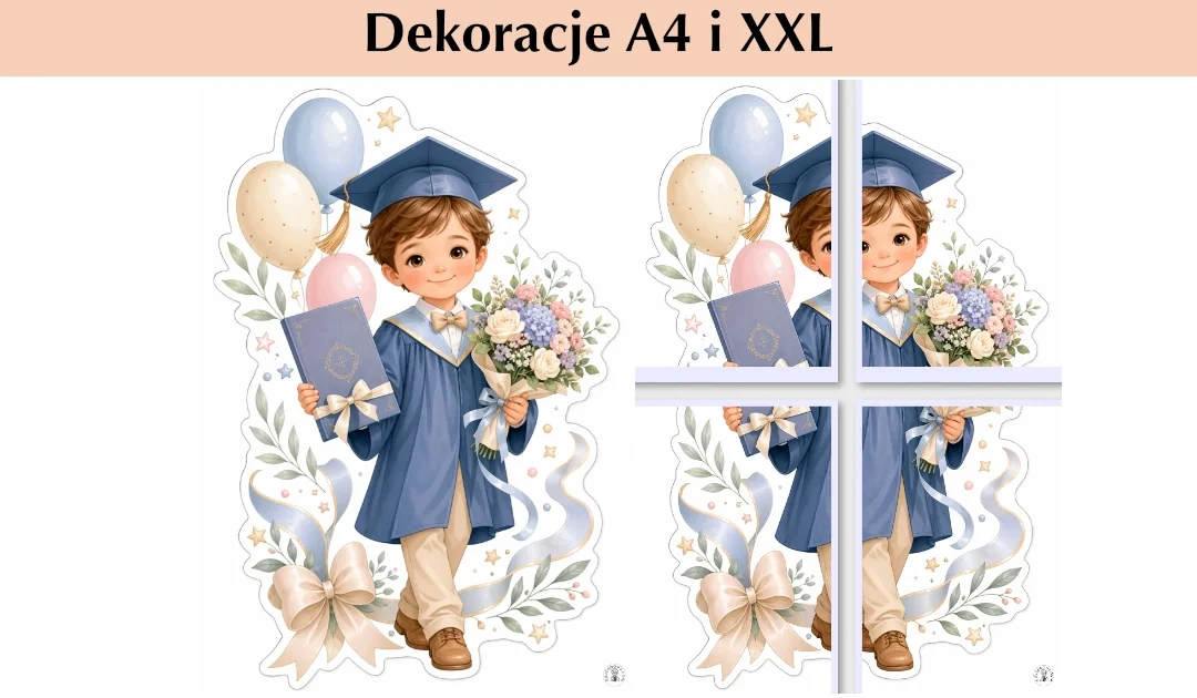 Dekoracje A4 i XXL: Dziecko z dyplomem i bukietem