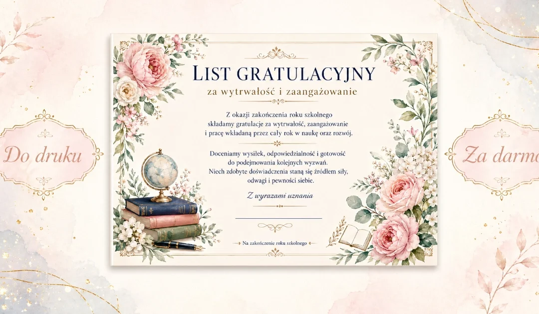 List gratulacyjny za wytrwałość i zaangażowanie