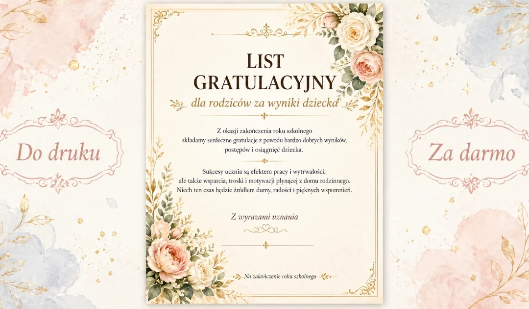List gratulacyjny dla rodziców za wyniki dziecka