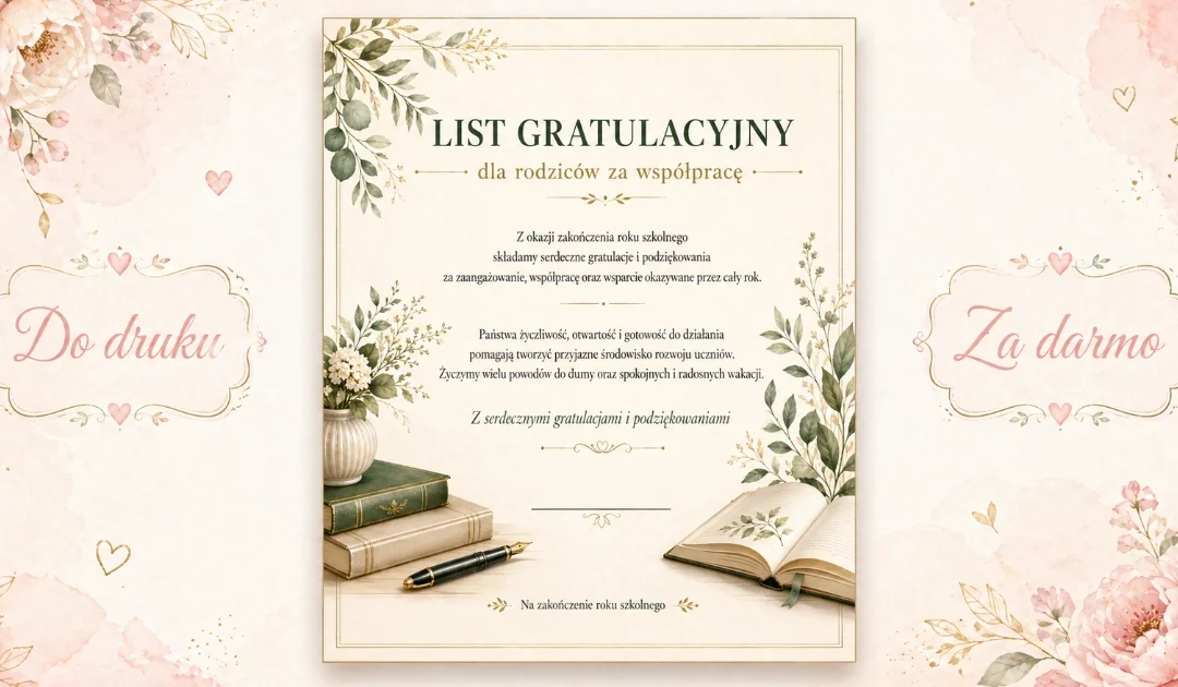 List gratulacyjny dla rodziców za współpracę ze szkołą