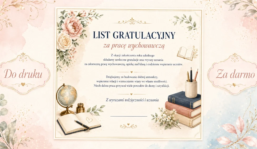 List gratulacyjny za pracę wychowawczą