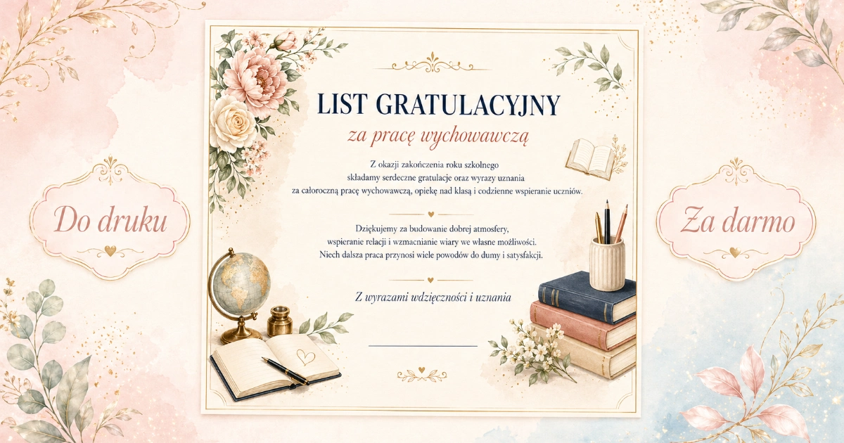 List gratulacyjny za pracę wychowawczą