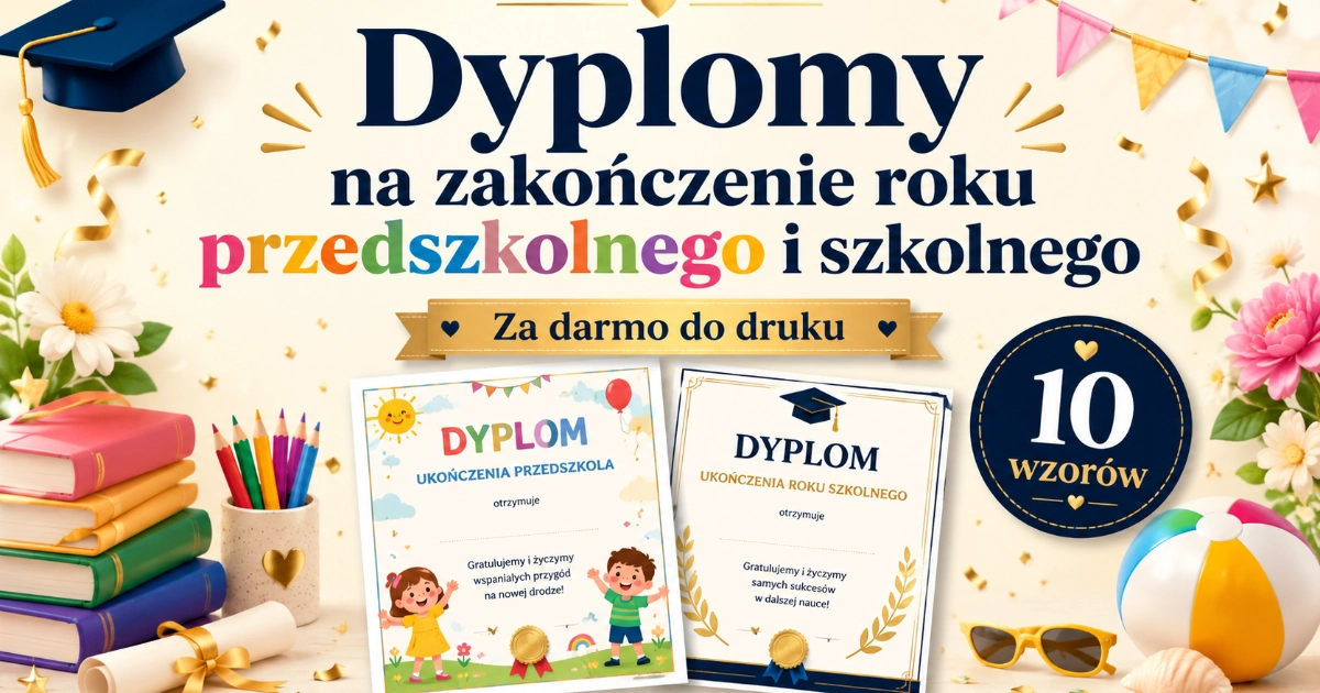 Dyplomy na zakończenie roku przedszkolnego i szkolnego (8 szablonów)