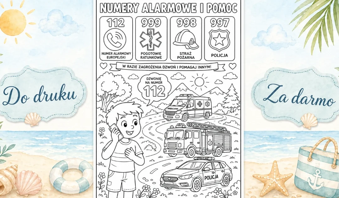 Kolorowanka: Numery alarmowe i pomoc