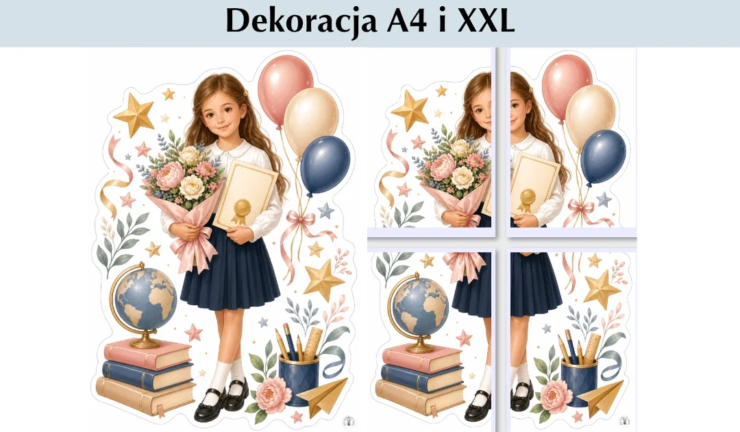 Dekoracje A4 i XXL: Uczennica z bukietem