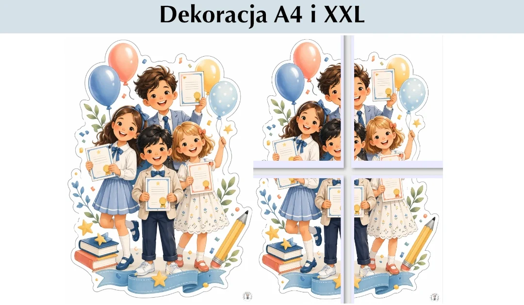 Dekoracje A4 i XXL: Uczniowie z dyplomami