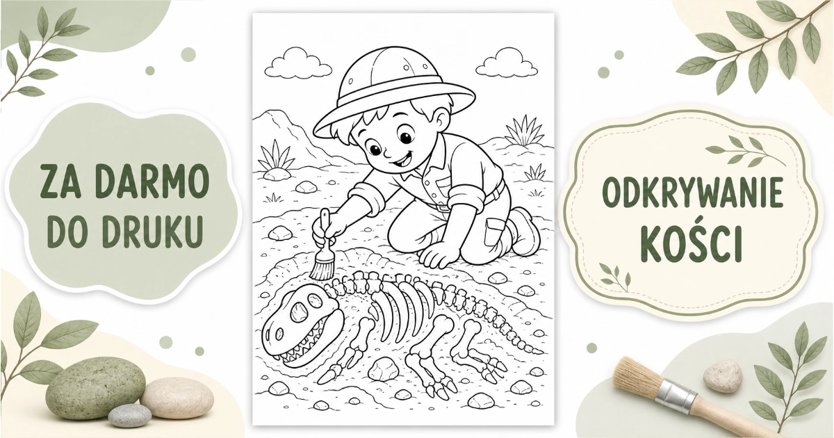 Kolorowanka: Dziecko odkrywające kości dinozaura