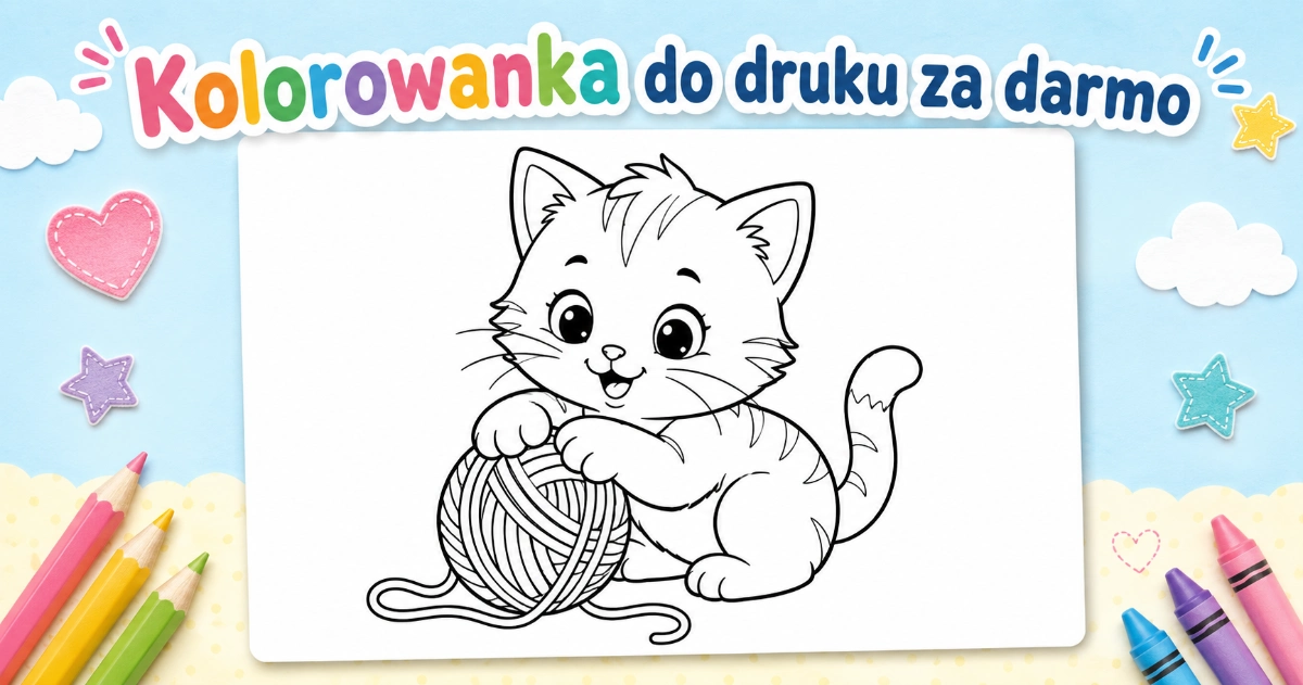 Kolorowanka Kot z kłębkiem wełny do druku