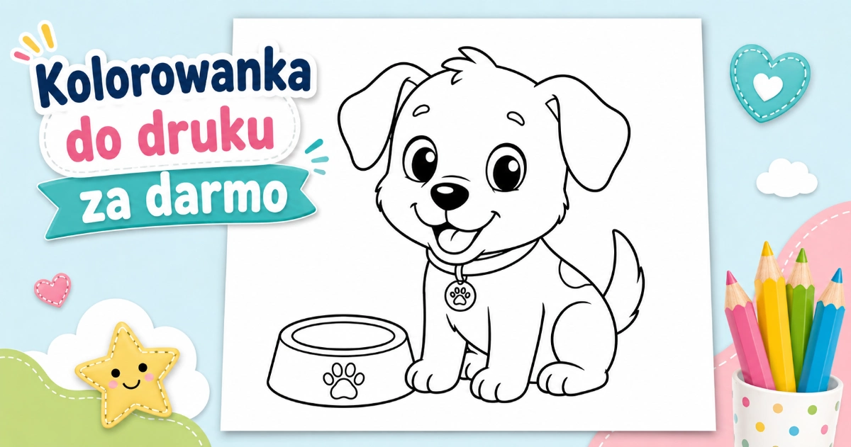 Kolorowanka Piesek z miską do druku