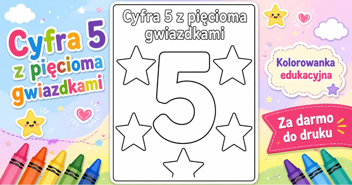 Kolorowanka Cyfra 5 z pięcioma gwiazdkami