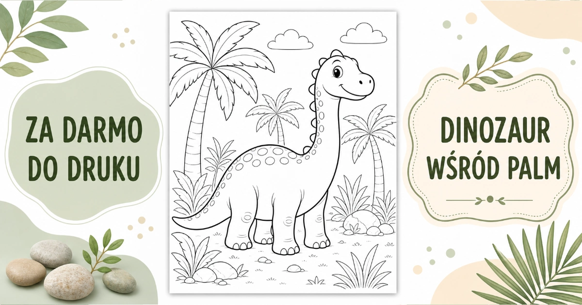 Kolorowanka: Dinozaur wśród palm do druku