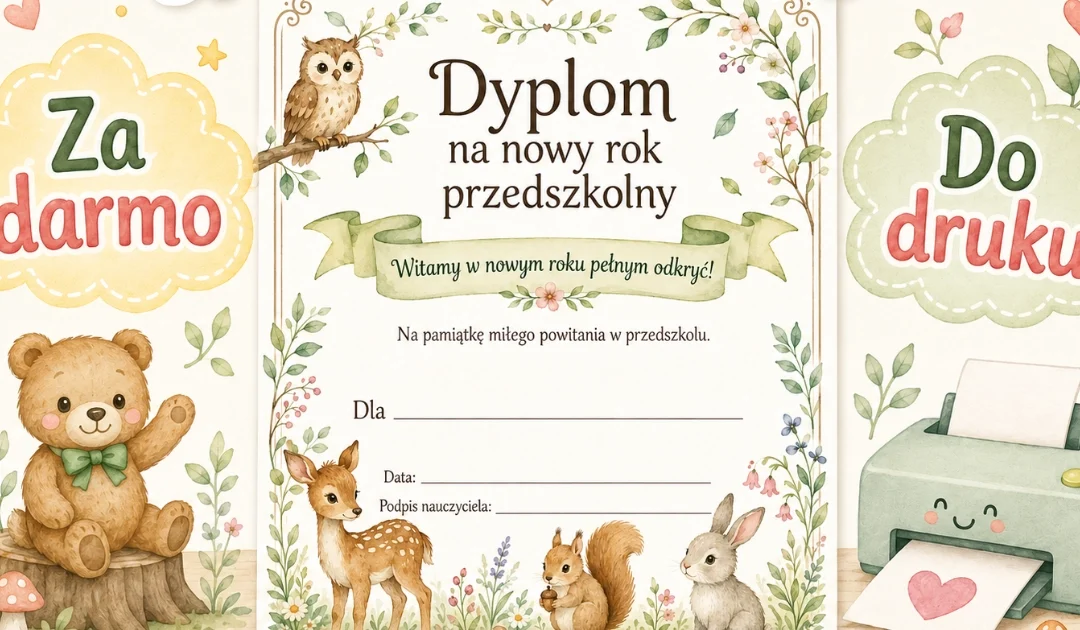 Dyplom na nowy rok przedszkolny z leśnymi zwierzętami
