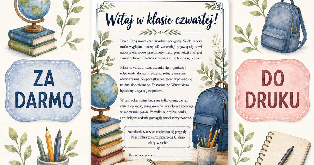 List powitalny: Witaj w klasie czwartej! do druku 38