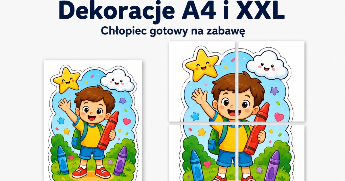 Dekoracje A4 i XXL: Chłopiec gotowy na zabawę do druku