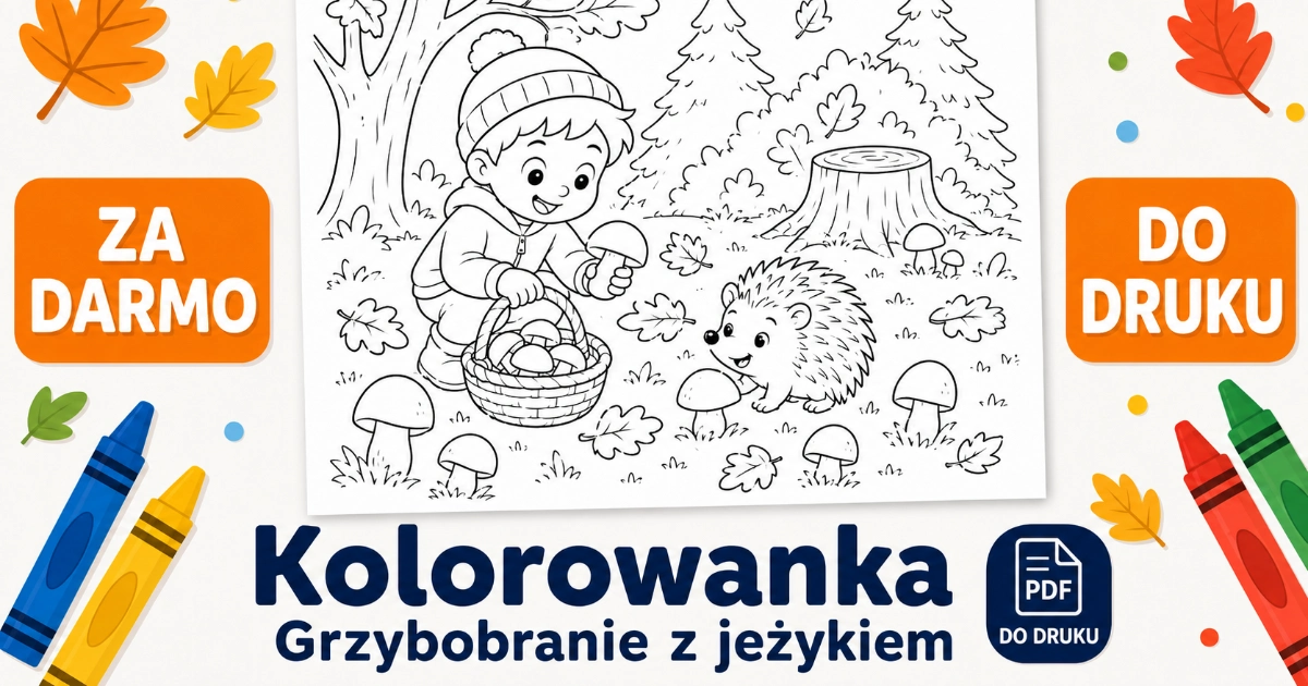 Kolorowanka do druku: Grzybobranie z jeżykiem
