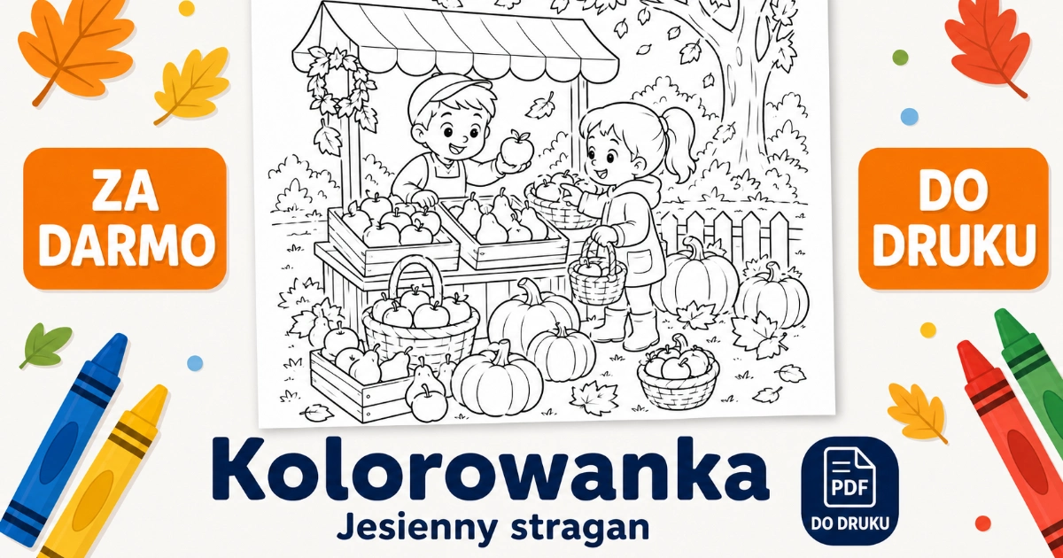 Kolorowanka do druku: Jesienny stragan z dyniami i owocami