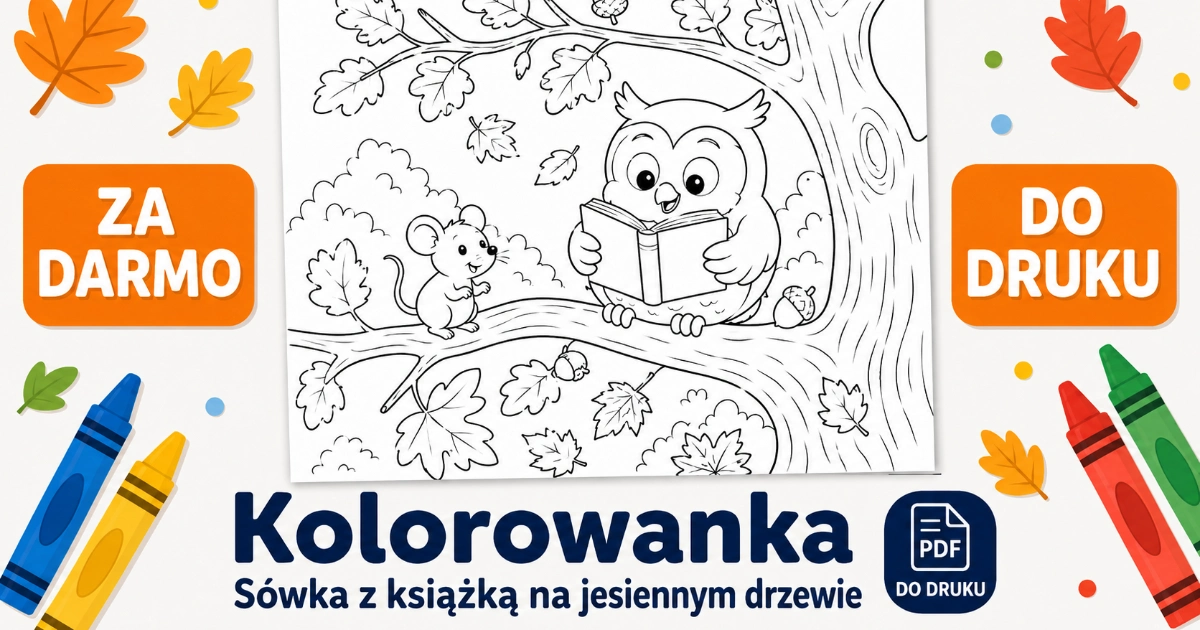Kolorowanka do druku: Sówka z książką na jesiennym drzewie