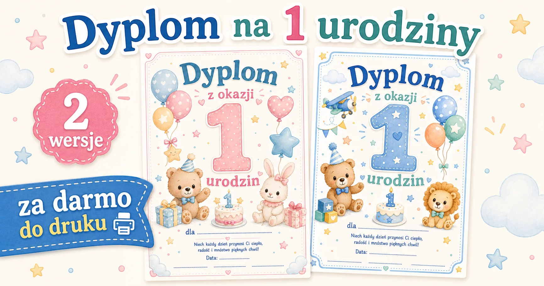 Dyplom na pierwsze urodziny do druku