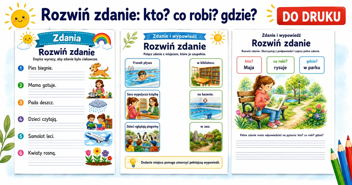 Karty pracy: Rozwiń zdanie: kto? co robi? gdzie?