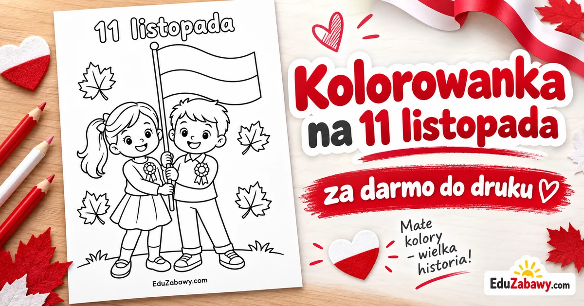 Kolorowanka: Dzieci z biało-czerwoną flagą