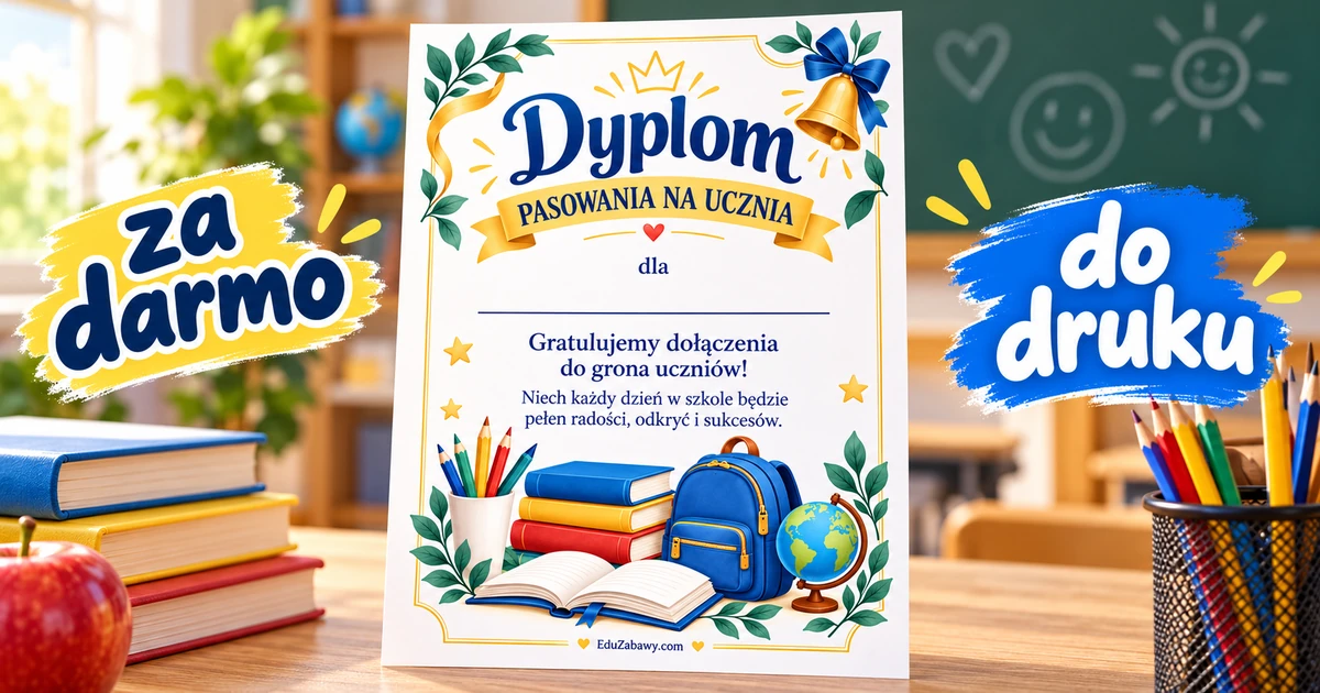 Dyplom z okazji pasowania na ucznia: Książki, plecak i globus