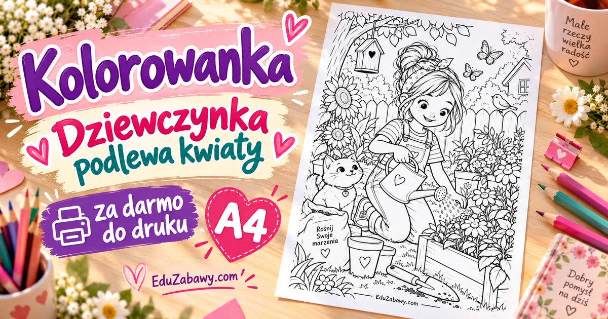 Kolorowanka: Dziewczynka podlewa kwiaty w ogrodzie