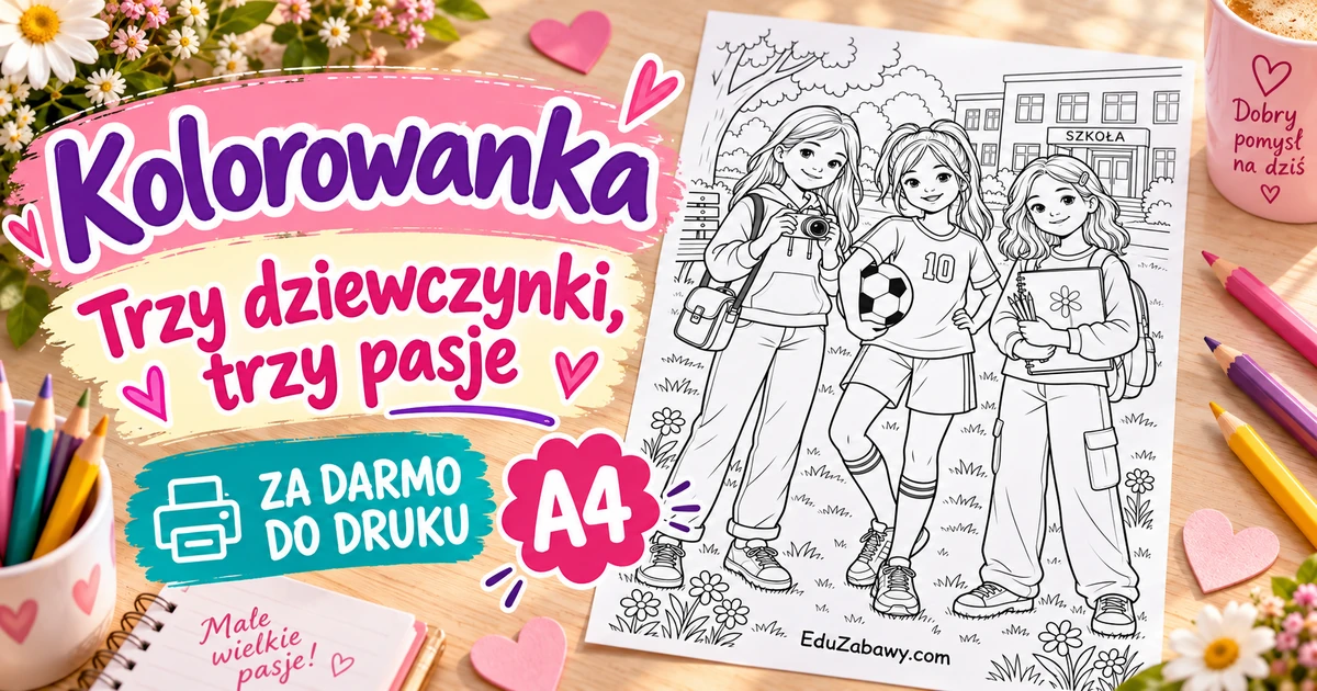 Kolorowanka: Trzy dziewczynki – trzy pasje