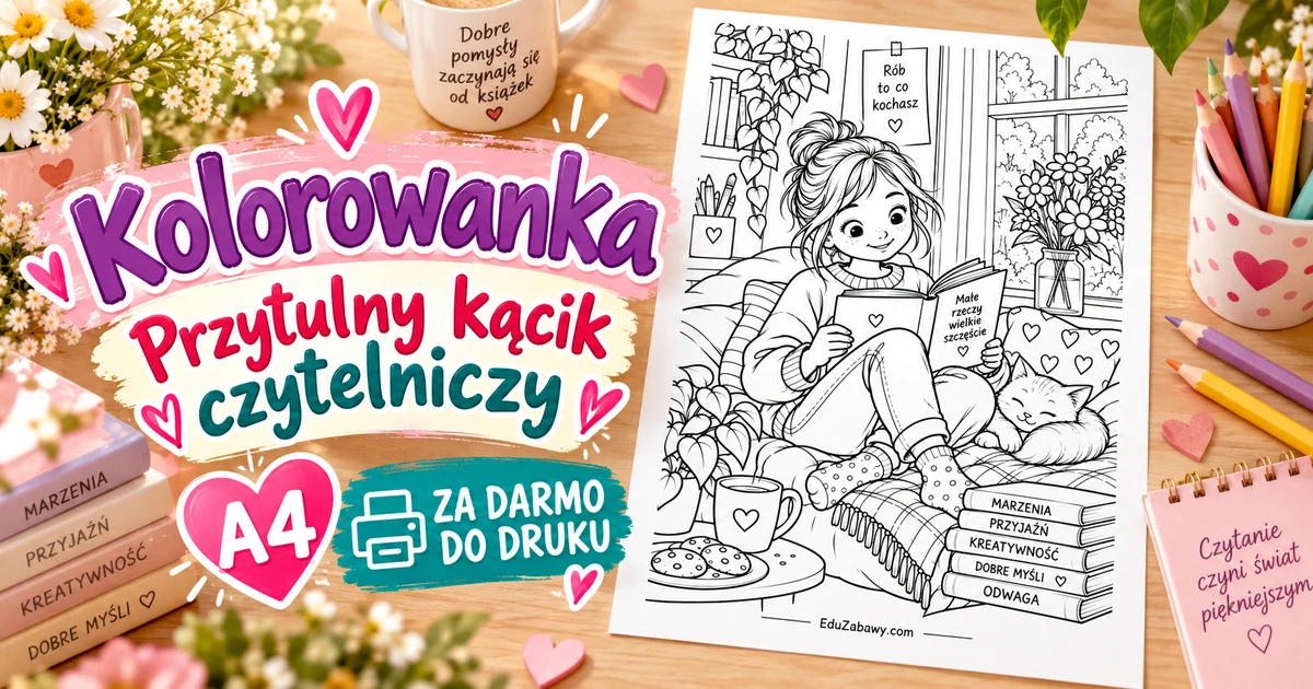 Kolorowanka: Przytulny kącik czytelniczy z kotem