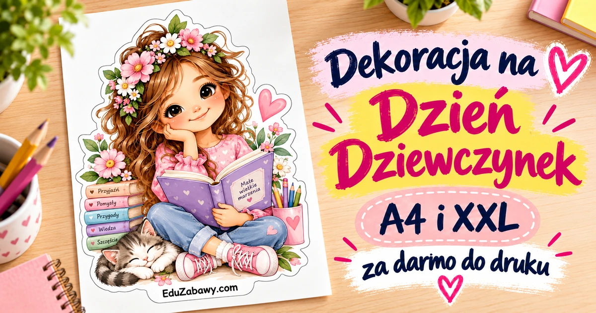 Dekoracje A4 i XXL: Dziewczynka z książkami i kotem